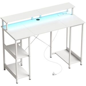Imagine HOMCOM Birou pentru Computer Reversibil cu Rafturi, 120x50 cm, cu Prize și Lumini LED, Alb cu Efect de Lemn | Aosom Romania