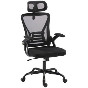 Imagine HOMCOM Scaun de Birou Ergonomic cu Brațe Rabatabile, Tetieră și Înălțime Reglabile, din Plasă Respirabilă, Negru | Aosom Romania