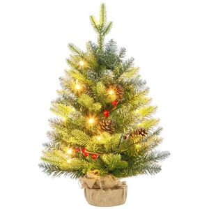 Imagine HOMCOM Mini Brad de Crăciun 60 cm cu lumini LED, 141 ramuri, conuri de pin, bobițe roșii, bază din ciment, verde | Aosom Romania