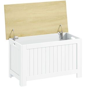 Imagine HOMCOM Cufăr de depozitare 90 L cu capac Cufăr versatil cu balama de siguranță 80, 5x40x46, 4 cm Natural și Alb | Aosom Romania