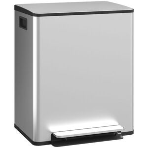 Imagine HOMCOM Coș de gunoi de bucătărie 2 compartimente 2 x 25L, oțel inoxidabil, capac cu închidere silențioasă, 47, 7x37, 5x56cm, argintiu | Aosom Romania