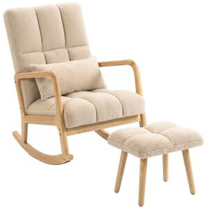 Imagine HOMCOM Fotoliu balansoar cu ottoman, rocking chair din țesătură bouclette, picioare din lemn, 64, 5 x 82 x 89 cm, Bej | Aosom Romania