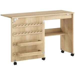 Imagine HOMCOM Masă de Cusut Pliantă, Mobil pentru Cusut pe Roți, Ușă Magnetică tip Șură, 2 Tăvi, Raft, 18 Suporturi pentru Bobine, Natural | Aosom Romania