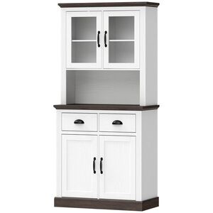 Imagine HOMCOM Dulap de bucătărie înalt cu uși din sticlă 2 sertare rafturi reglabile compartiment deschis 80x38x170 cm Alb | Aosom Romania