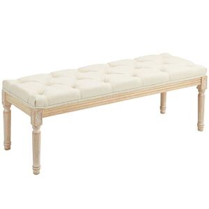 Imagine HOMCOM Banchetă clasică capitonată 115cm capăt de pat tapițată în stofă cu aspect de in - lemn de hevea sculptat, patinat - crem | Aosom Romania