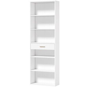 Imagine HOMCOM Bibliotecă verticală înaltă cu 7 polițe, 6 cuburi și sertar din lemn, 60x24x182 cm, Alb | Aosom Romania