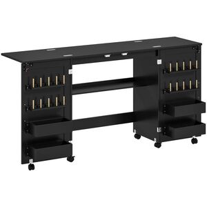 Imagine HOMCOM Masă de cusut pliabilă, mobilier de cusut pe roți, 2 uși magnetice, 4 tăvițe, 20 cârlige, 160x40x83cm, negru | Aosom Romania
