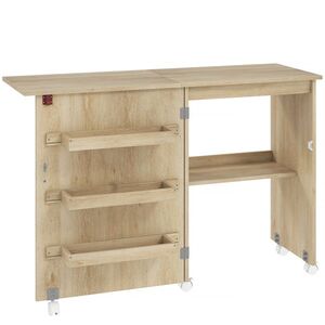Imagine HOMCOM Masă de cusut pliabilă mobilier de cusut cu blat rabatabil, tăvi de depozitare, etajeră deschisă și roți, lemn natural | Aosom Romania