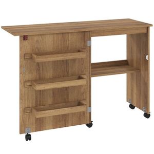 Imagine HOMCOM Masă de cusut pliabilă mobilier cusut cu blat rabatabil, coșuri de depozitare, etajeră deschisă și roți, maro | Aosom Romania