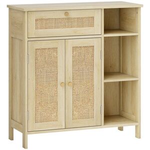 Imagine HOMCOM Bufet, mobilier de depozitare, 2 uși din ratan, sertar, nișe deschise, polițe reglabile, 75x30x79, 5cm, lemn natural | Aosom Romania