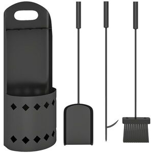 Imagine Outsunny Set servitor pentru șemineu 4 piese, accesorii unelte pentru șemineu cu mătură lopată tisonier și suport, din metal negru | Aosom Romania
