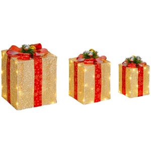 Imagine Outsunny Cutii-cadou Crăciun luminoase decorațiuni de Crăciun cu fundă 58 lumini set de 3 cutii-cadou cu LED auriu | Aosom Romania