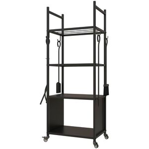 Imagine Outsunny Suport pentru Lemne de Foc de Interior și Exterior cu Roți și 4 Ustensile, cu Lopățică, Vătrai, Perie și Clește, Metal, 45 x 30 x 118 cm, Negru | Aosom Romania