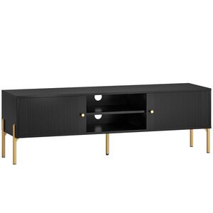 Imagine HOMCOM Comodă TV pentru televizor până la 165, 1 cm, Uși canelate, Compartimente deschise, Picioare din oțel, 140 x 38 x 45, 9 cm, negru | Aosom Romania