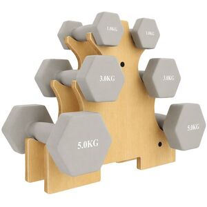 Imagine SPORTNOW Set gantere 3 perechi 1kg 3kg 5kg cu suport din lemn, mâner antiderapant, fontă Hexagon Gri deschis | Aosom Romania