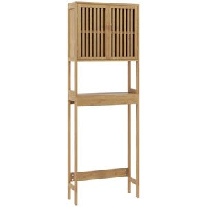 Imagine HOMCOM Etajeră pentru toaletă mobilier de baie pentru deasupra toaletei WC cu dulap 2 uși și etajeră deschisă bambus | Aosom Romania