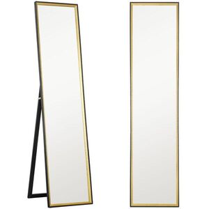 Imagine HOMCOM Oglindă în Mărime Naturală cu Suport Posterior și Ramă, din Lemn și Sticlă, 37x3x157 cm, Negru și Auriu | Aosom Romania
