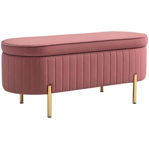 Imagine HOMCOM Bancă ovală cu spațiu de depozitare 72 L, cu capac rabatabil, din catifea și lemn, 108 x 44 x 43, 5 cm, roz | Aosom Romania