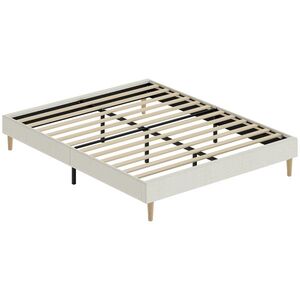 Imagine HOMCOM Cadru de pat 140 x 190 cm cu somieră, pat dublu tapițat în catifea canelată, spațiu de depozitare dedesubt, crem | Aosom Romania