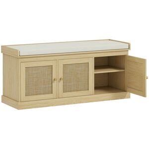Imagine HOMCOM Banc pentru pantofi intrare 9 perechi, banc de depozitare, 3 uși din ratan, pernă și raft reglabil, 105x35x47cm, stejar | Aosom Romania