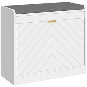 Imagine HOMCOM Bancă pentru pantofi, banc de depozitare, șezut captușit, sertar basculant, front cu model 60 x 26 x 52, 5 cm, alb | Aosom Romania
