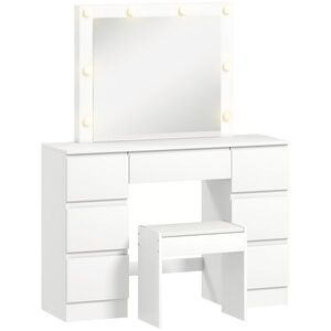 Imagine HOMCOM Masă de Machiaj cu Oglindă, 8 Lumini LED, Scaun și 7 Sertare Alb | Aosom Romania