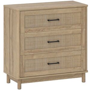 Imagine HOMCOM Comodă 3 Sertare din Ratan, Mobilier de Depozitare, Picioare din Lemn Masiv, Stil Boem, 76x35x76cm, Stejar | Aosom Romania