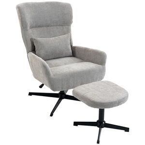 Imagine HOMCOM Fotoliu lounge rotativ 360° cu taburet, reglabil pe înălțime, tapițerie chenille, cu pernă lombară, crem-alb | Aosom Romania