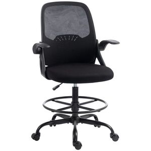 Imagine HOMCOM Scaun de Birou Ergonomic din Plasă, cu Suport Lombar și Suport pentru Picioare Reglabil, Cotiere Rabatabile, Negru | Aosom Romania