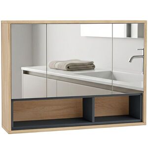 Imagine HOMCOM Mobilier de baie cu oglindă, dulap suspendat cu 3 uși și 8 compartimente, stejar | Aosom Romania