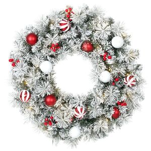 Imagine HOMCOM Ghirlandă de Crăciun înzăpezită de 60 cm cu LED-uri, 8 moduri, 140 ramuri, 8 boabe și 15 globulețe decorative, Verde | Aosom Romania