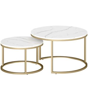 Imagine HOMCOM Set de 2 mese de cafea gigogne stivuabile design industrial blat cu aspect ciment picioare din metal alb | Aosom Romania