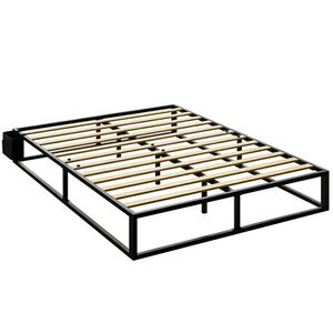 Imagine HOMCOM Cadru de pat 140 x 190 cm cu somier, pat dublu cu buzunar de depozitare, suport cu lamele din lemn, negru | Aosom Romania