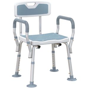 Imagine HOMCOM Taburet de duș scaun de duș ergonomic înălțime reglabilă picioare antiderapante 56, 5 x 53, 5 x 87 cm alb și albastru | Aosom Romania