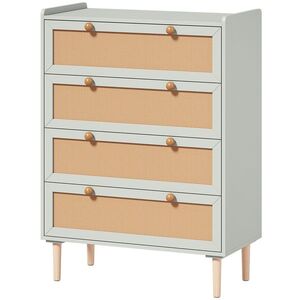 Imagine HOMCOM Comodă cu 4 sertare din lemn și ratan PVC, stil boem, pentru dormitor, hol, coridor, 80x40x109, 2cm, Verde salvie | Aosom Romania