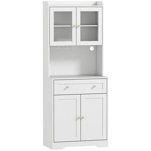 Imagine HOMCOM Dulap de bucătărie cu blat, suport pahare de vin, dulap de depozitare pentru bucătărie, sufragerie, 170 cm, MDF, sticlă, Alb | Aosom Romania