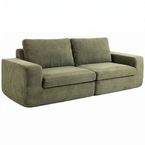 Imagine HOMCOM Canapea 3 locuri din velur canaletat, canapea de living comprimată modernă 236 cm cu pernă cu arcuri, verde | Aosom Romania