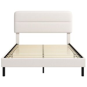 Imagine HOMCOM Cadru pat 140 x 200 cm cu tăblie reglabilă, pat tapițat cu aspect de in și 12 lamele din placaj, bej | Aosom Romania