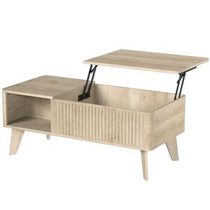Imagine HOMCOM Masă de Cafea Rabatabilă, Compartiment Ascuns, 2 Polițe Deschise, Colțuri Rotunjite, Stil Mid-Century, 100x48x41cm, Stejar | Aosom Romania