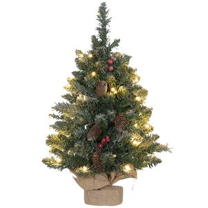 Imagine HOMCOM Mini brad de Crăciun 60 cm cu lumini integrate, 86 ramuri, conuri de pin, bobițe roșii, bază din ciment, verde | Aosom Romania
