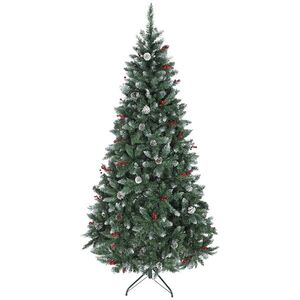 Imagine HOMCOM Brad de Crăciun Înalt de 210 cm cu 928 de Ramuri, Brad Artificial de Interior cu Conuri și Boabe Roșii Decorative, Bază Metalică, Verde | Aosom Romania