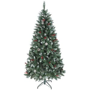 Imagine HOMCOM Brad de Crăciun Înalt Înzăpezit 180 cm cu 620 de Ramuri, Brad Artificial de Interior cu Conuri și Boabe Roșii Decorative, Bază din Metal, Verde | Aosom Romania