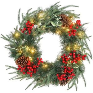 Imagine HOMCOM Ghirlandă de Crăciun de 60 cm cu Lumini LED Albe, Coroană de Crăciun cu Temporizator, 170 de Ramuri, Conuri de Pin, Boabe și Vâsc, Decor de Crăciun pentru Ușă și Fereastră, Verde | Aosom Romania