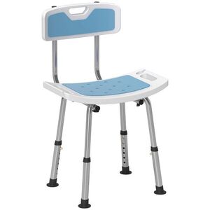 Imagine HOMCOM Scaun de Duș din Aluminiu și EVA, Reglabil pe 6 Niveluri, cu Spătar Curbat, 51, 5x49, 5x68, 5-81 cm, Albastru Deschis și Alb | Aosom Romania