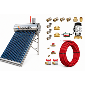Imagine Pachet panou solar nepresurizat Fornello pentru producere apa calda, cu rezervor inox 122 litri, 15 tuburi vidate, vas flotor 5 litri, pompa ridicare presiune, teava hidronix si fitinguri montaj