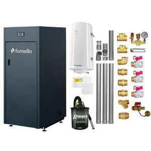Imagine Pachet Centrala pe peleti Fornello King Plus 35 KW, boiler, termostat, aspirator, kit evacuare, fitinguri, pompa de circulatie, vas de expansiune, supapa de siguranta, automatizare, rezervor pentru peleti 145 kg, creuzet din fonta, tiraj fortat