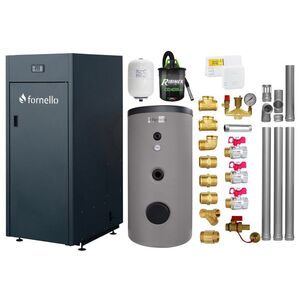 Imagine Pachet Centrala pe peleti Fornello King Plus 35 KW, boiler de sol, termostat, aspirator, kit evacuare, fitinguri, pompa de circulatie, vas de expansiune, supapa de siguranta, automatizare, rezervor pentru peleti 145 kg, creuzet din fonta, tiraj forta