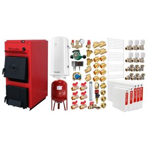 Imagine Pachet centrala pe combustibil solid Fornello T-PRO 30 kW, radiatoare otel, boiler, vas expansiune, fitinguri si accesorii de baza