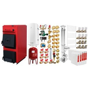 Imagine Pachet centrala pe combustibil solid Fornello T-PRO 30 kW, cos inox, radiatoare otel, boiler, vas expansiune, fitinguri si accesorii de baza