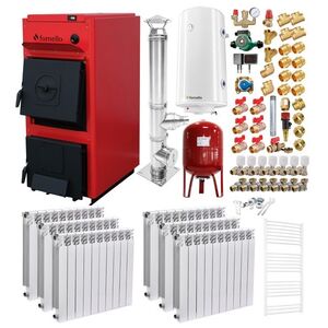 Imagine Pachet centrala pe combustibil solid Fornello T-PRO 35 kW, cos Inox, calorifere aluminiu, boiler, vas expansiune, fitinguri si accesorii de baza